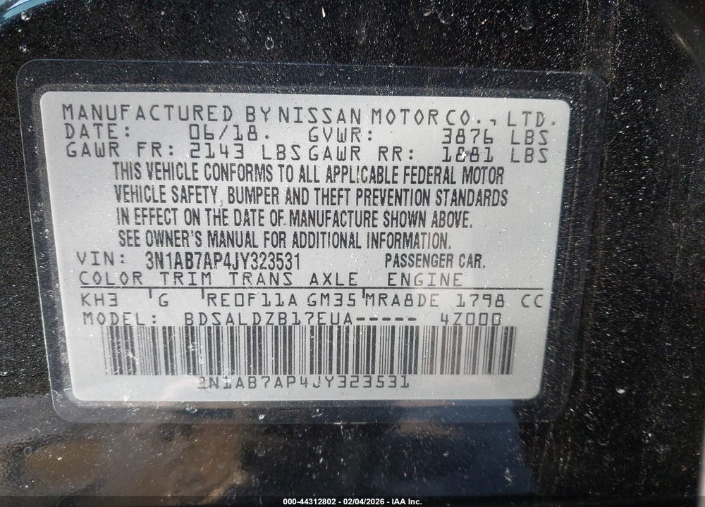 2018 NISSAN SENTRA SV VIN: 3N1AB7AP4JY323531