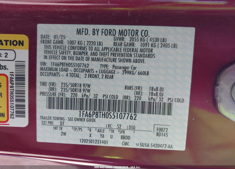2025 FORD MUSTANG ECOBOOST FASTBACK VIN: 1FA6P8TH0S5107762