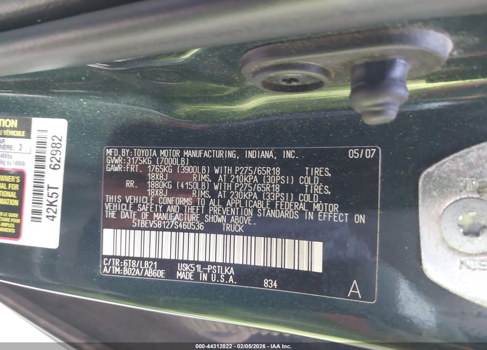 2007 TOYOTA TUNDRA LIMITED 5.7L V8 VIN: 5TBEV58127S460536