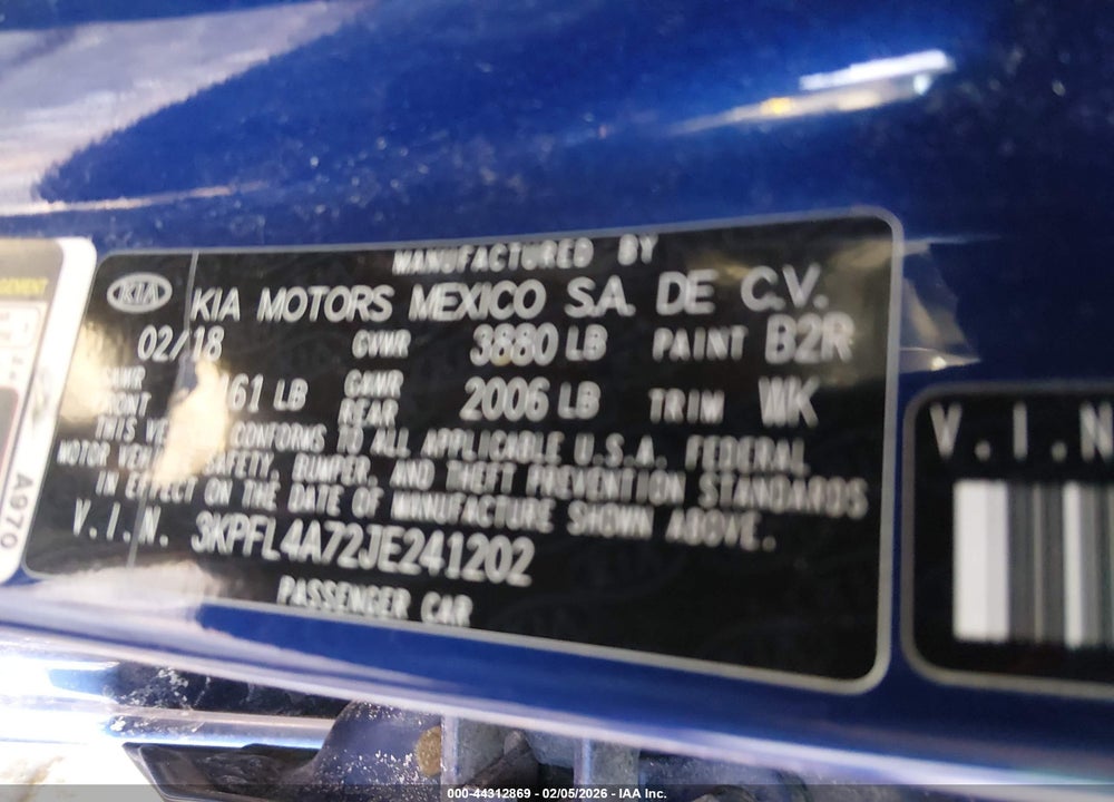 2018 KIA FORTE LX VIN: 3KPFL4A72JE241202