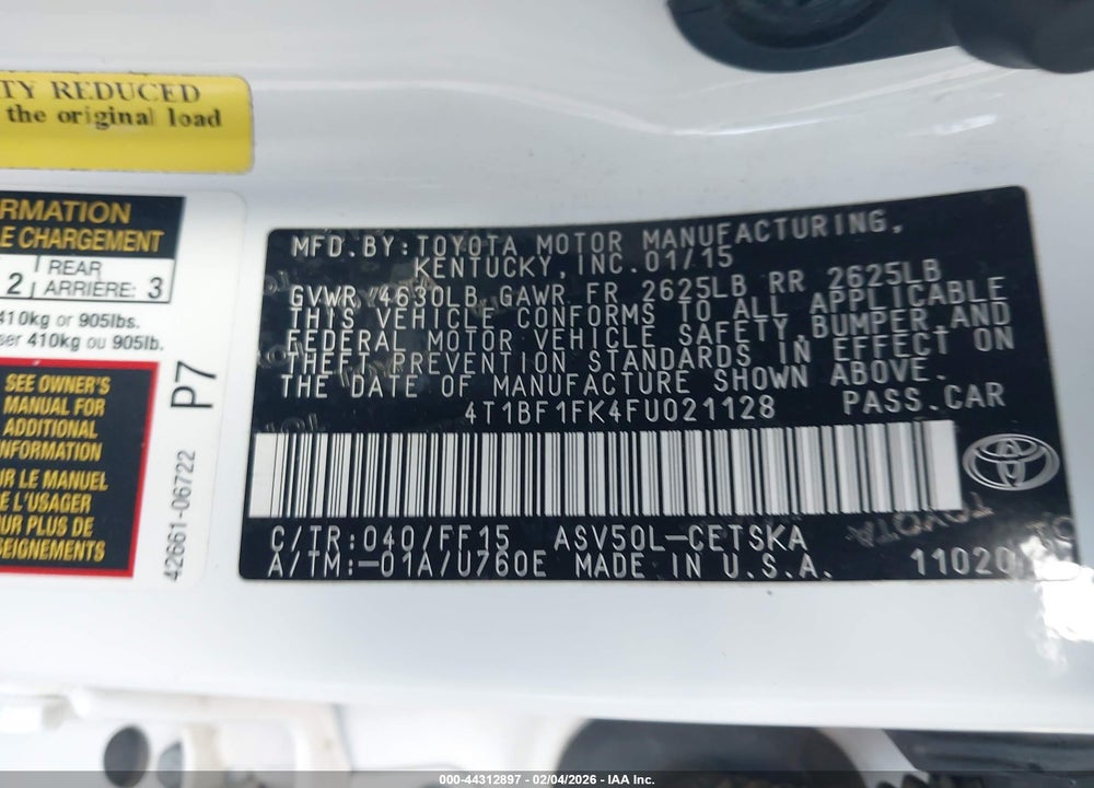 2015 TOYOTA CAMRY SE VIN: 4T1BF1FK4FU021128