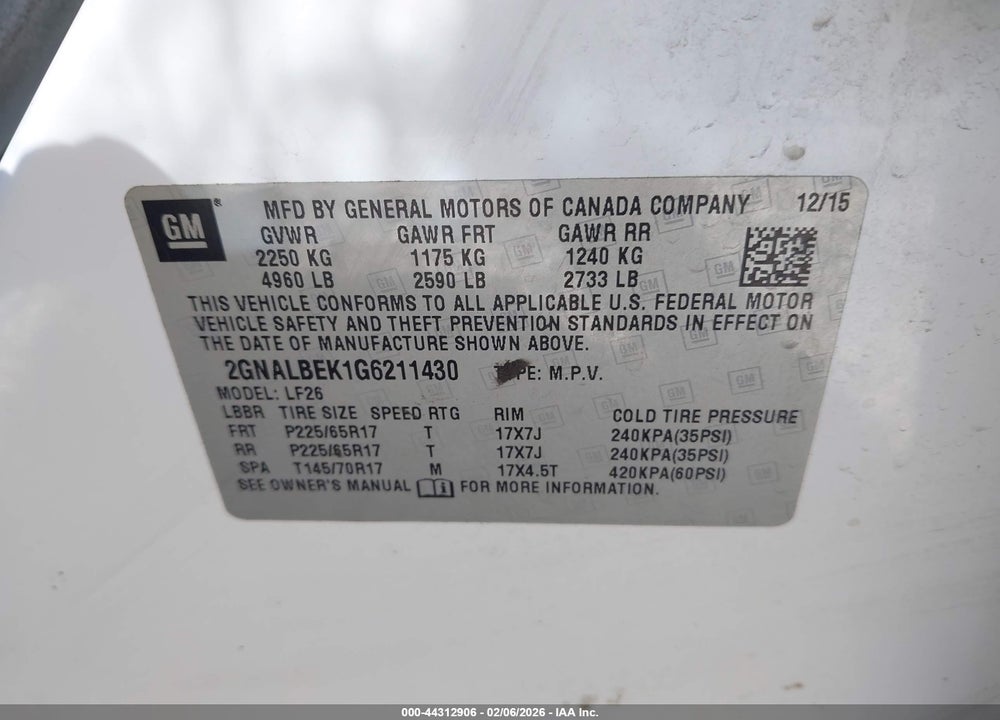 2016 CHEVROLET EQUINOX LS VIN: 2GNALBEK1G6211430
