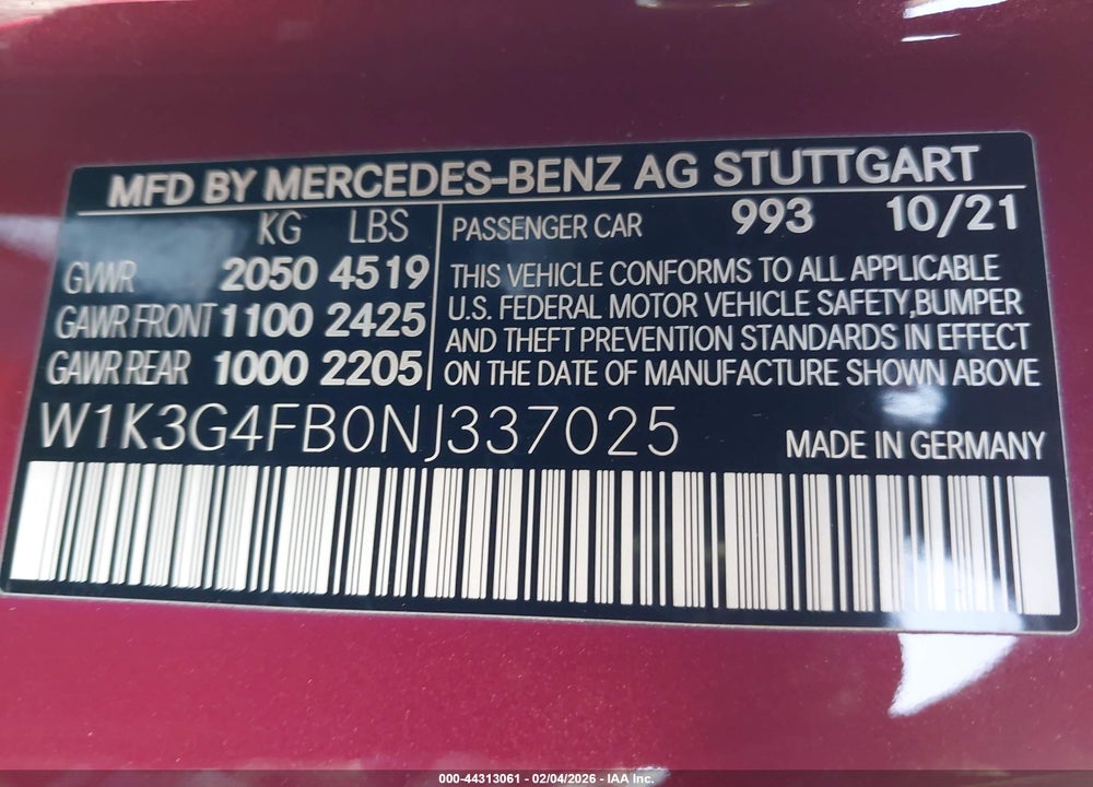 2022 MERCEDES-BENZ A 220 4MATIC VIN: W1K3G4FB0NJ337025