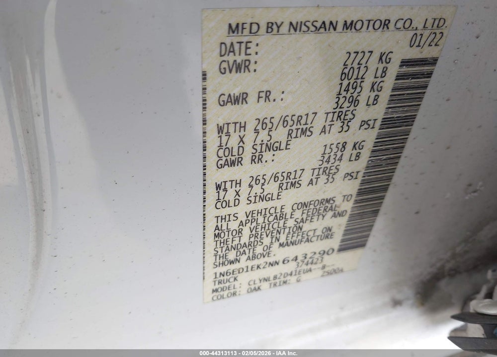2022 NISSAN FRONTIER SV VIN: 1N6ED1EK2NN643290
