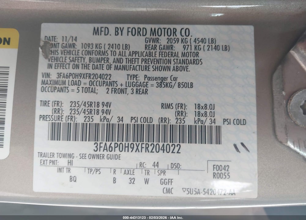 2015 FORD FUSION SE VIN: 3FA6P0H9XFR204022