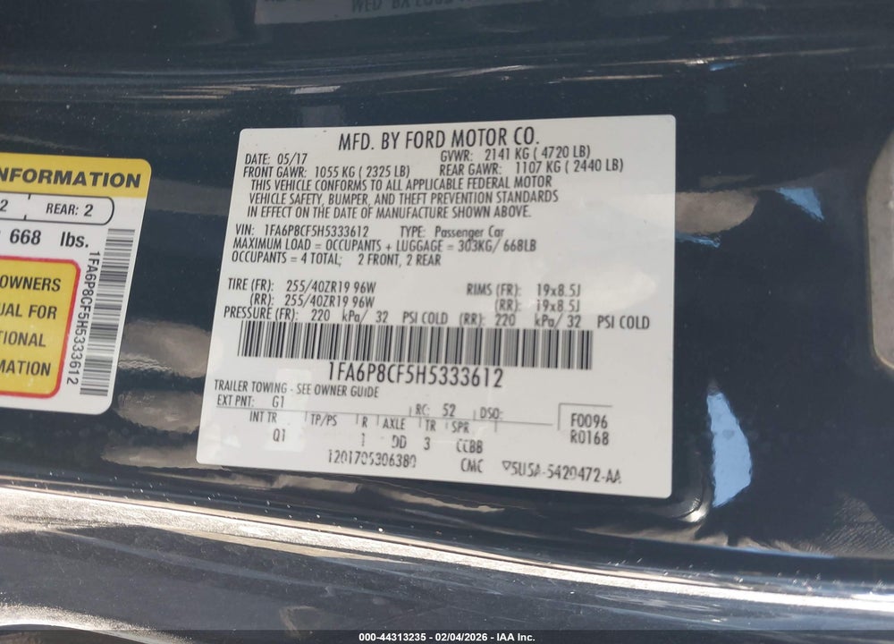 2017 FORD MUSTANG GT VIN: 1FA6P8CF5H5333612