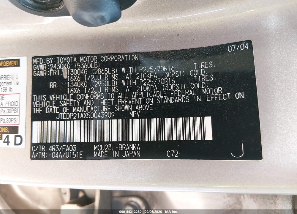 2005 TOYOTA HIGHLANDER V6 VIN: JTEDP21AX50043909