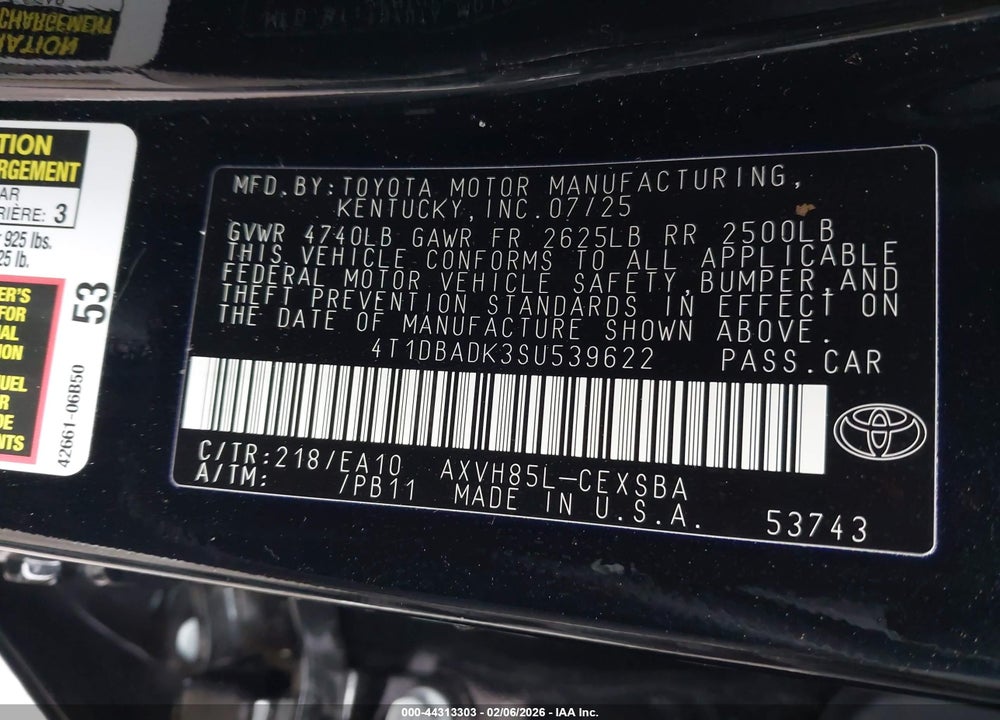 2025 TOYOTA CAMRY SE VIN: 4T1DBADK3SU539622