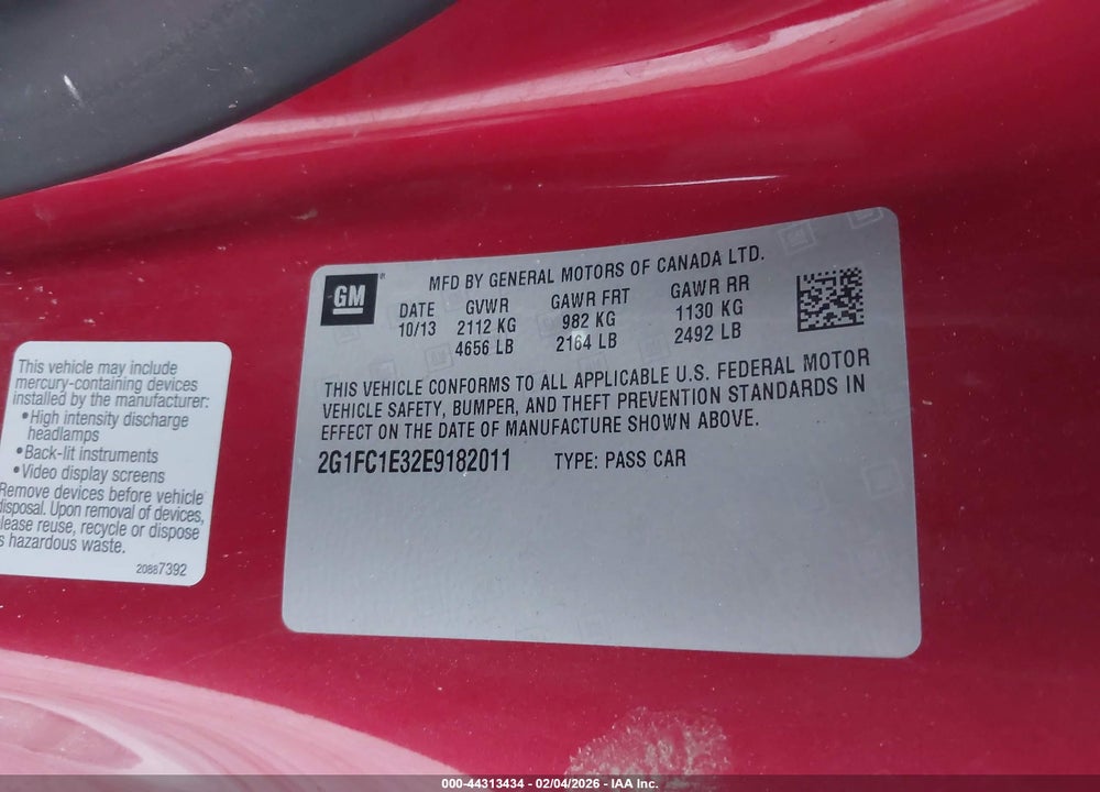 2014 CHEVROLET CAMARO 2LT VIN: 2G1FC1E32E9182011
