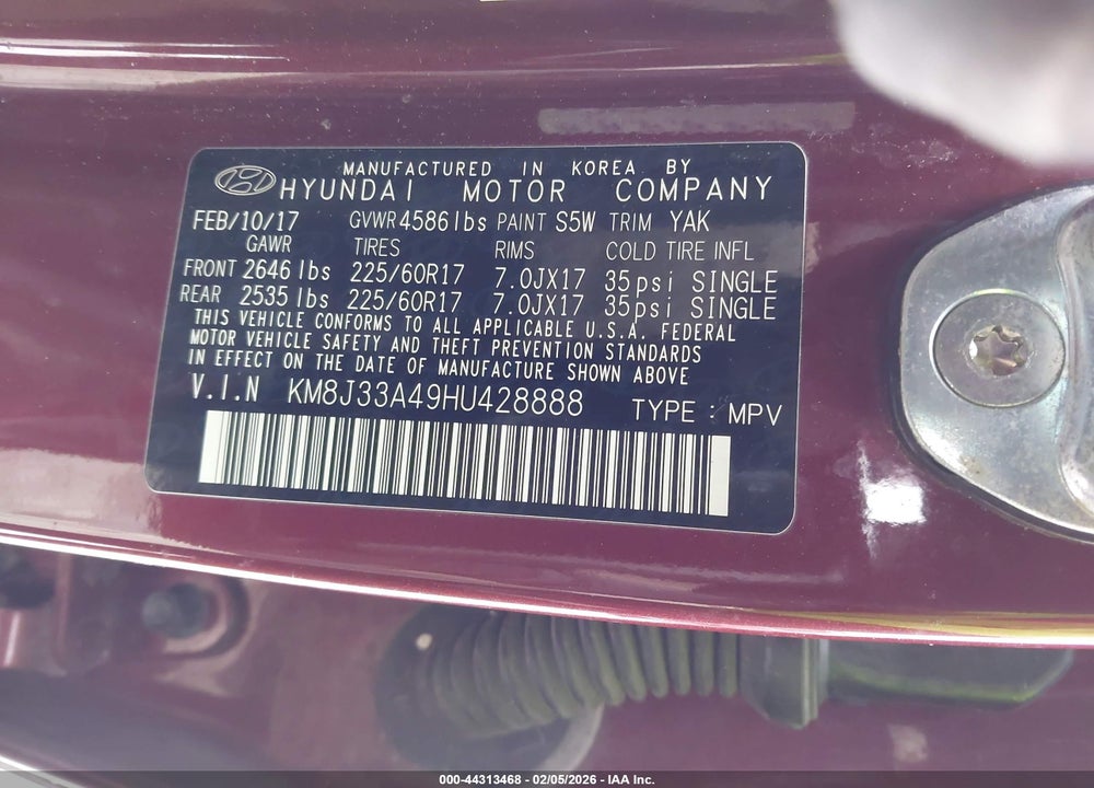 2017 HYUNDAI TUCSON SE PLUS VIN: KM8J33A49HU428888