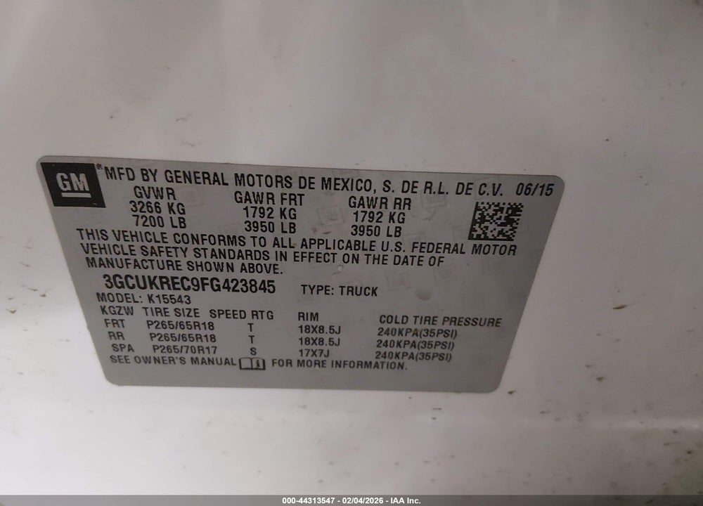 2015 CHEVROLET SILVERADO 1500 2LT VIN: 3GCUKREC9FG423845