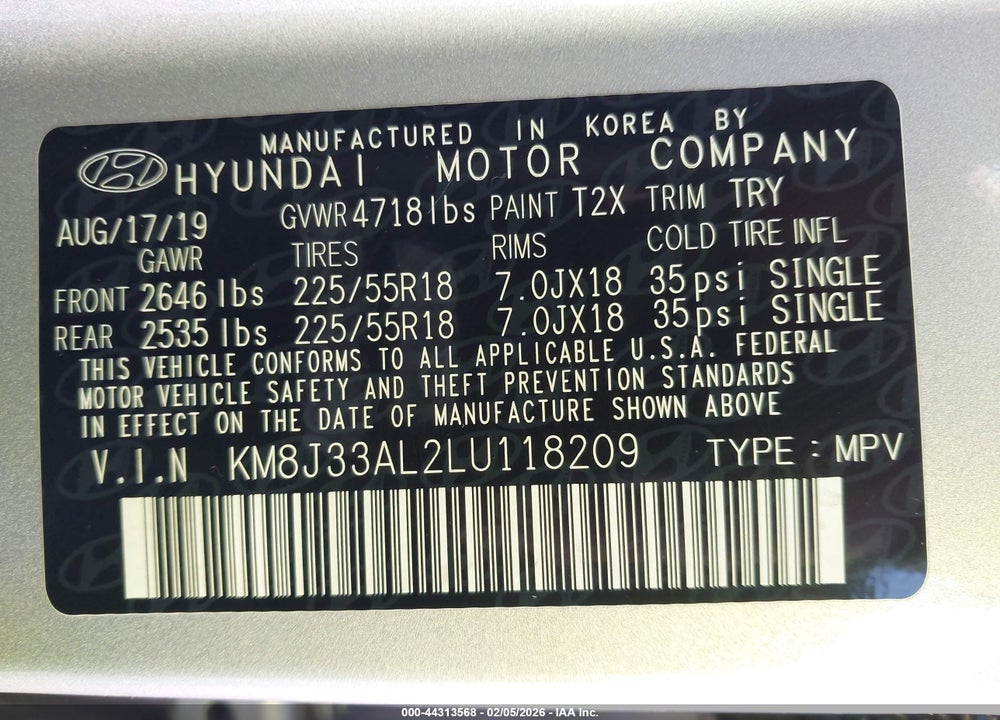 2020 HYUNDAI TUCSON LIMITED VIN: KM8J33AL2LU118209