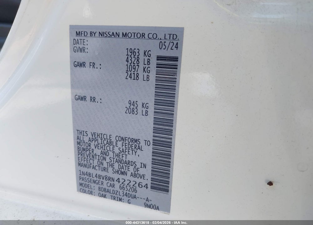 2024 NISSAN ALTIMA S FWD VIN: 1N4BL4BV8RN422264