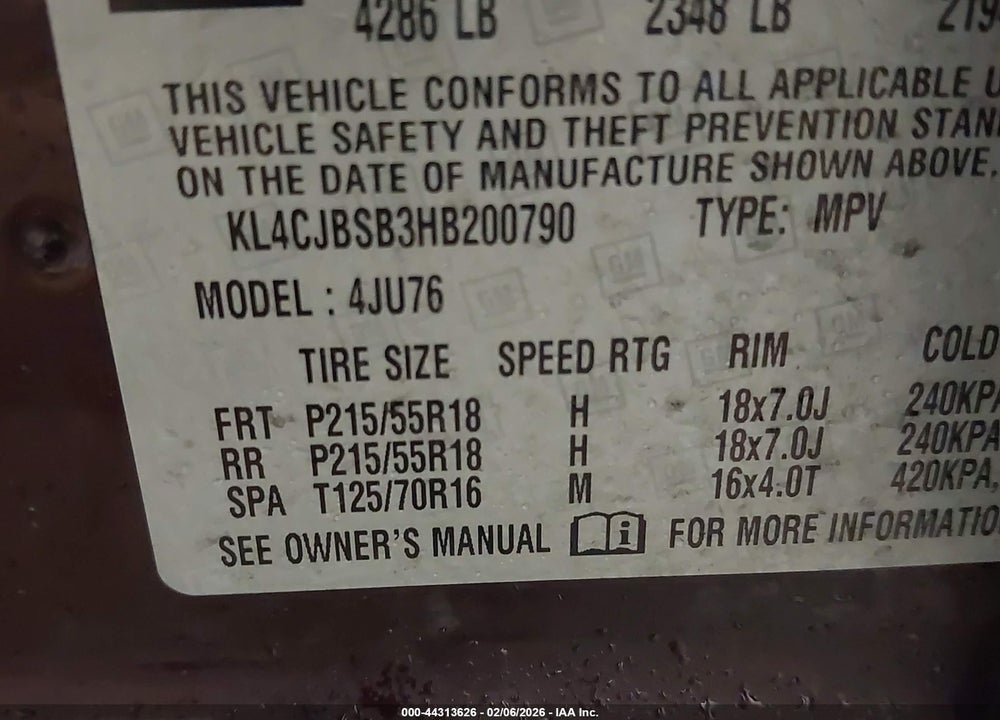 2017 BUICK ENCORE PREFERRED II VIN: KL4CJBSB3HB200790