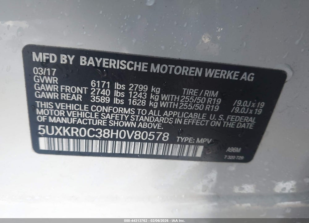 2017 BMW X5 XDRIVE35I VIN: 5UXKR0C38H0V80578