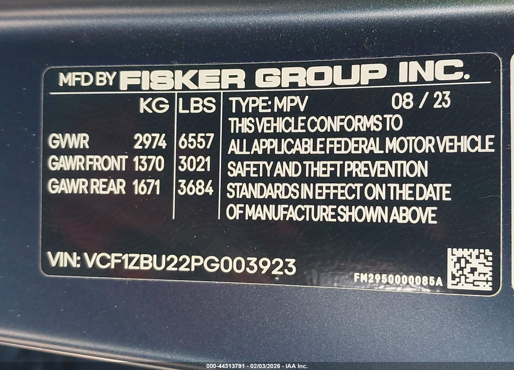 2023 FISKER OCEAN ONE VIN: VCF1ZBU22PG003923