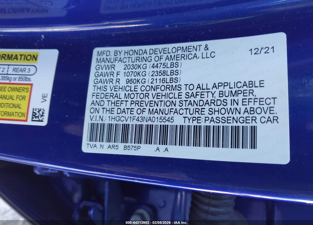2022 HONDA ACCORD SPORT SPECIAL EDITION VIN: 1HGCV1F43NA015545