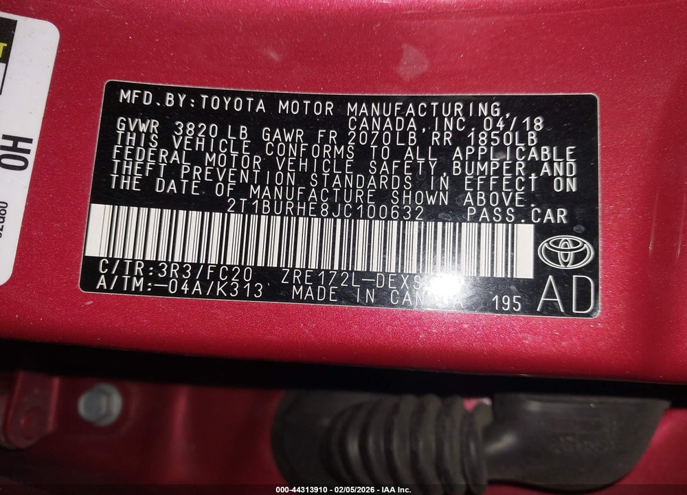 2018 TOYOTA COROLLA SE VIN: 2T1BURHE8JC100632