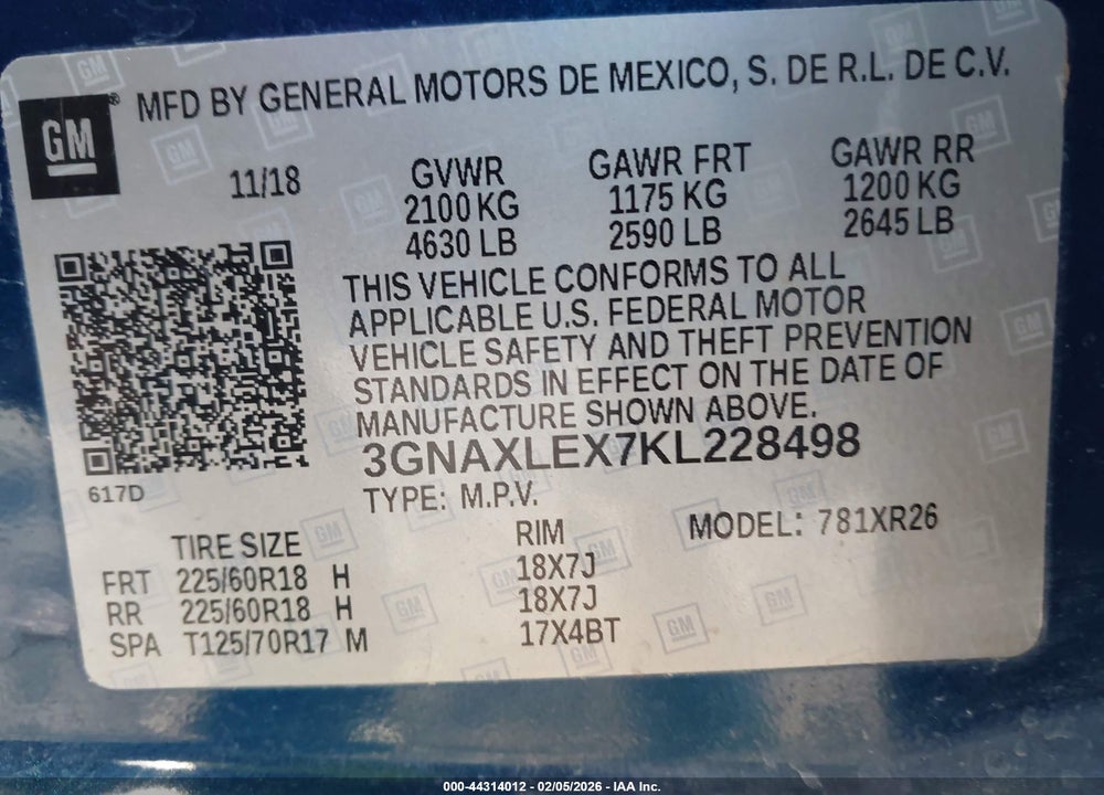 2019 CHEVROLET EQUINOX LT VIN: 3GNAXLEX7KL228498
