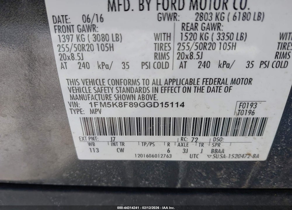 2016 FORD EXPLORER LIMITED VIN: 1FM5K8F89GGD15114