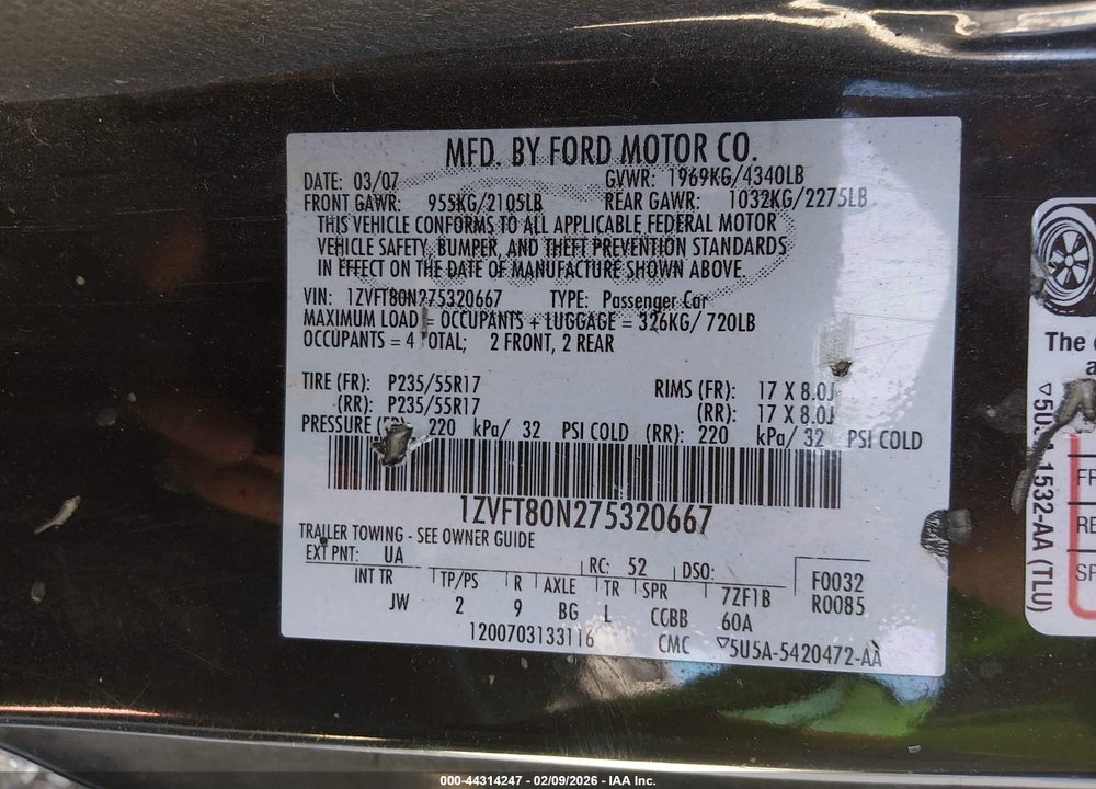 2007 FORD MUSTANG V6 DELUXE/V6 PREMIUM VIN: 1ZVFT80N275320667