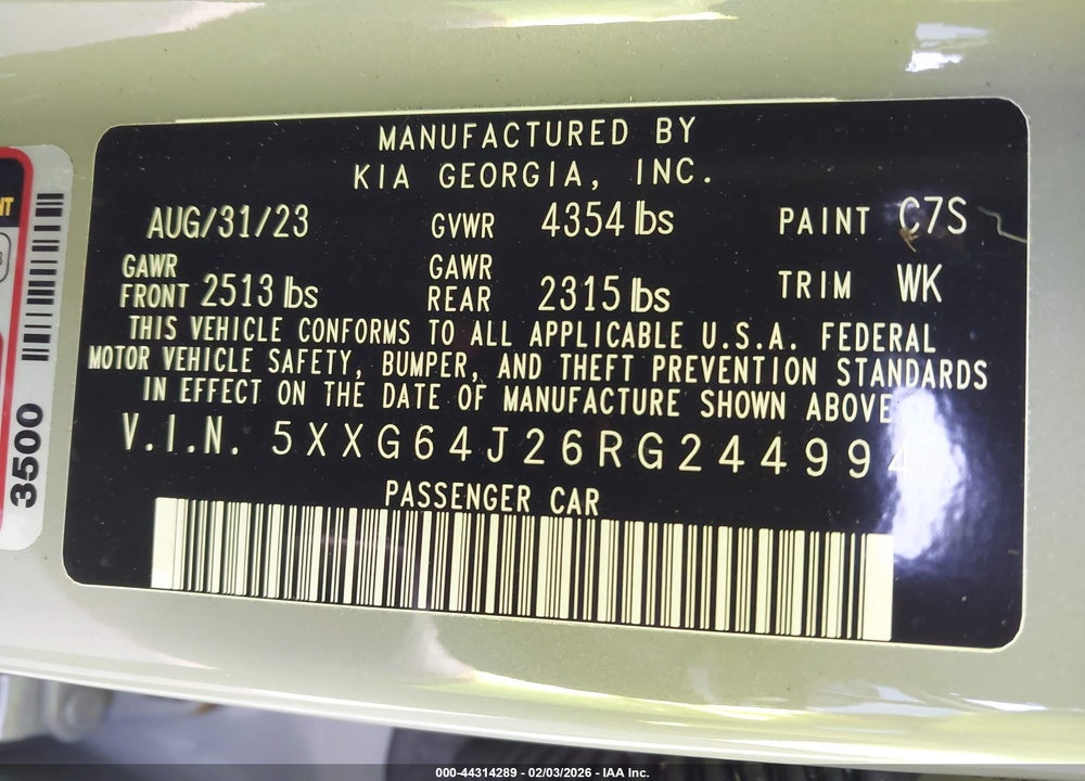 2024 KIA K5 GT-LINE VIN: 5XXG64J26RG244994