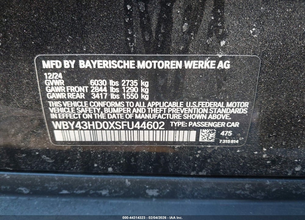 2025 BMW I4 GRAN COUPE XDRIVE40 VIN: WBY43HD0XSFU44602