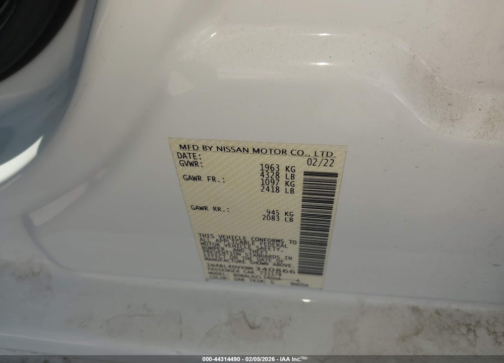 2022 NISSAN ALTIMA SV FWD VIN: 1N4BL4DVXNN340866