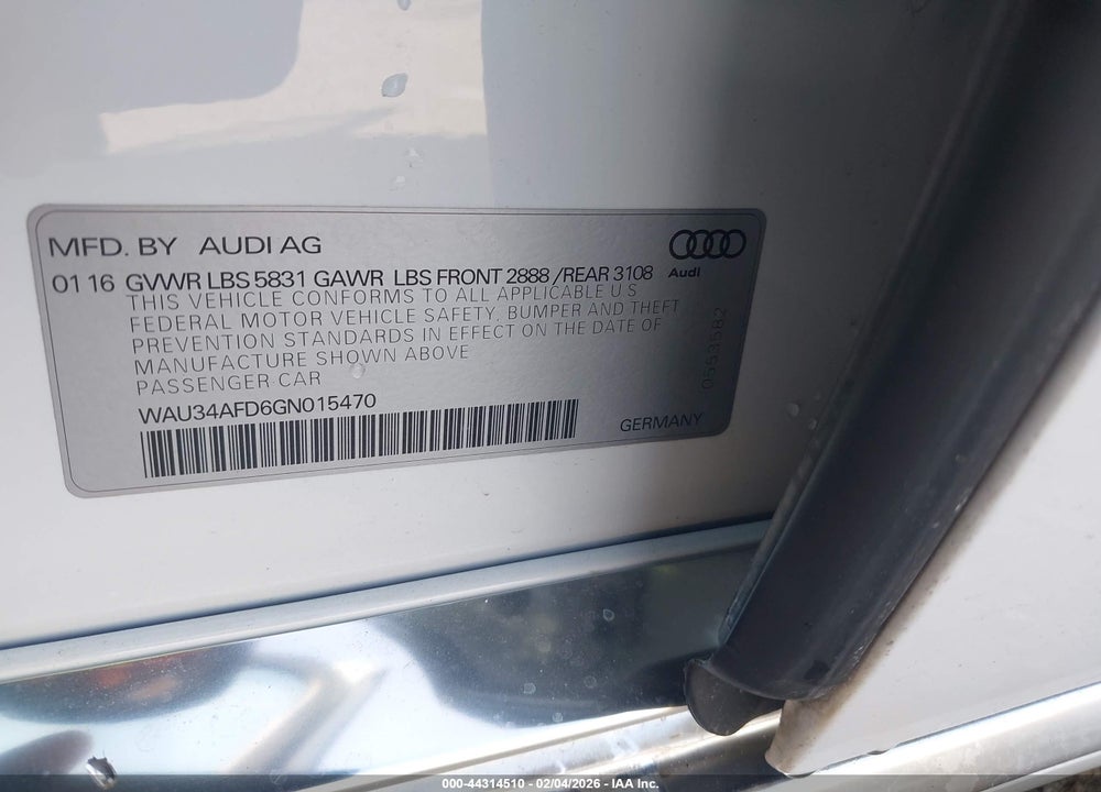 2016 AUDI A8 L 3.0T VIN: WAU34AFD6GN015470