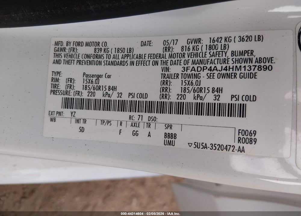 2017 FORD FIESTA S VIN: 3FADP4AJ4HM137890