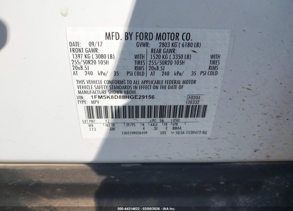 2017 FORD EXPLORER XLT VIN: 1FM5K8D88HGE29156