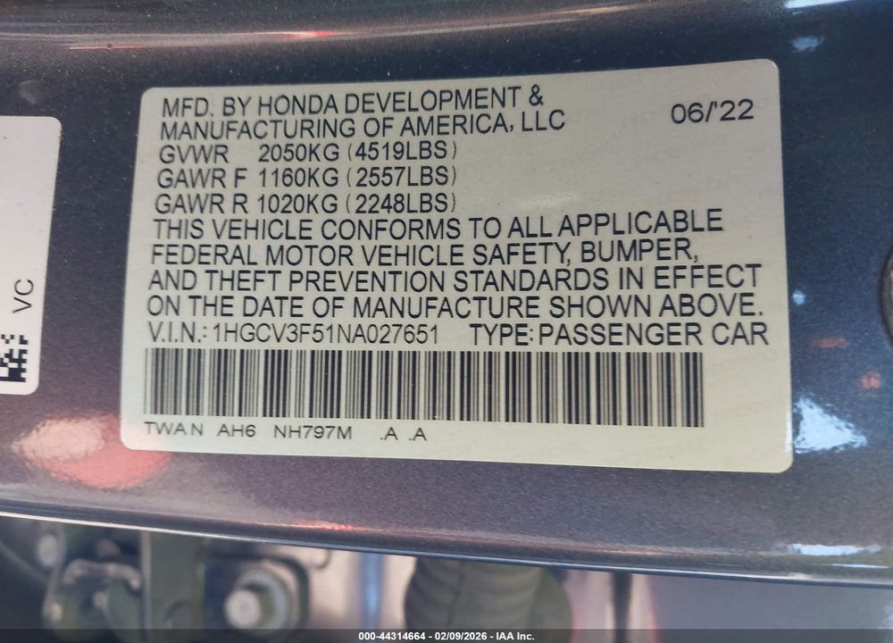 2022 HONDA ACCORD HYBRID EX-L VIN: 1HGCV3F51NA027651