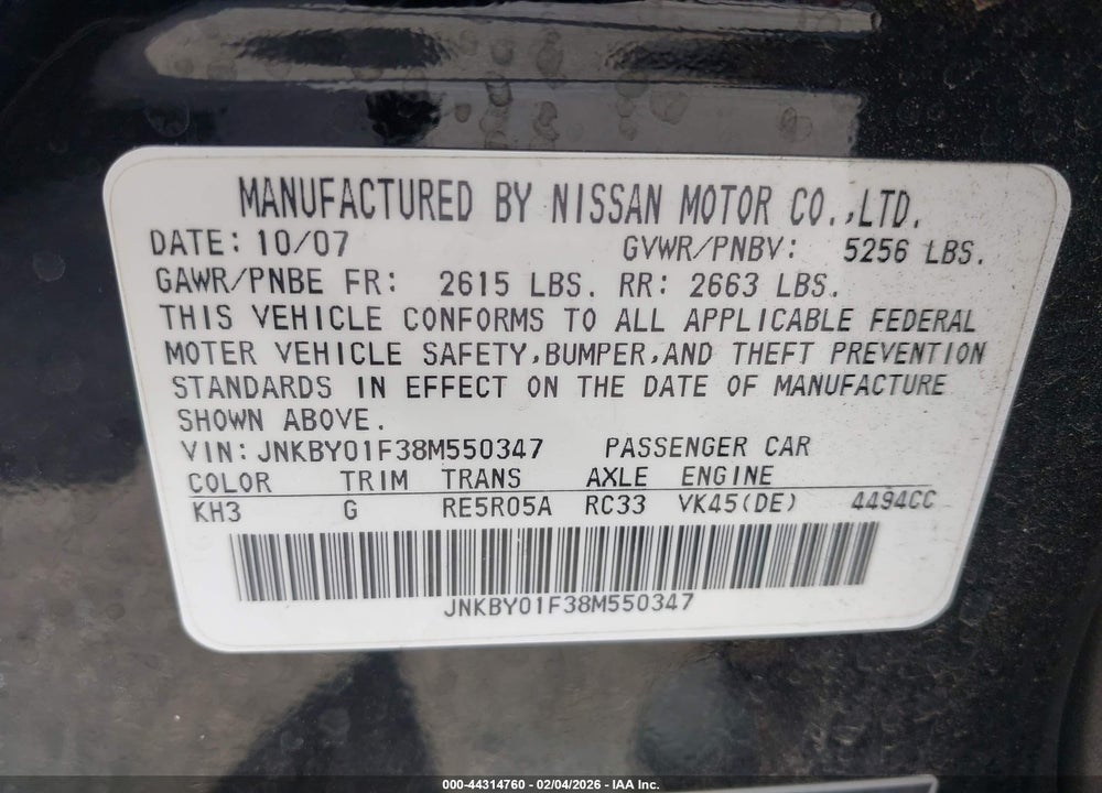 2008 INFINITI M45X VIN: JNKBY01F38M550347