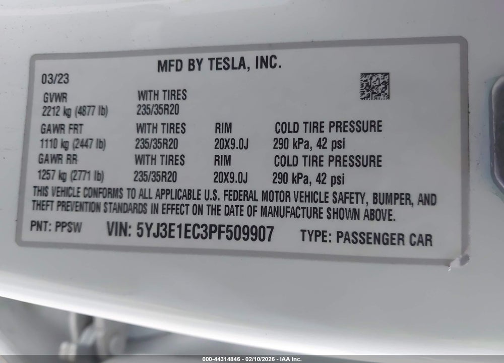 2023 TESLA MODEL 3 PERFORMANCE DUAL MOTOR ALL-WHEEL DRIVE VIN: 5YJ3E1EC3PF509907