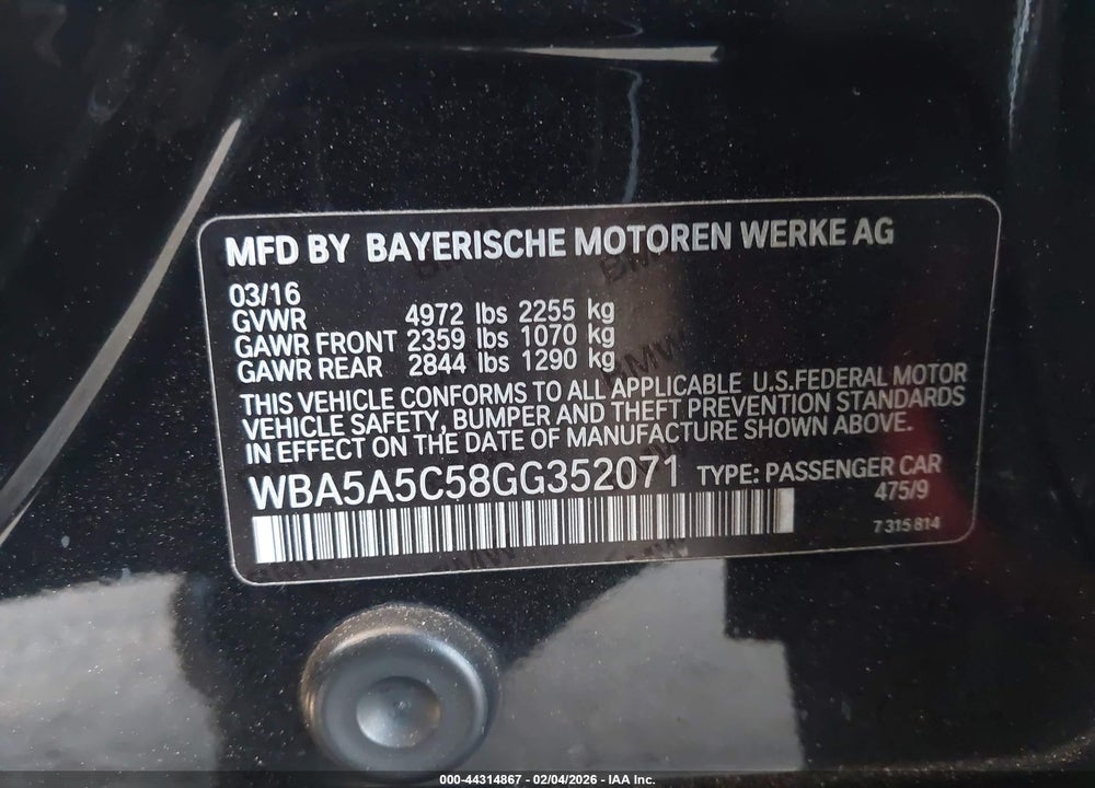 2016 BMW 528I VIN: WBA5A5C58GG352071