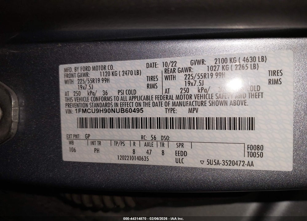 2022 FORD ESCAPE SEL VIN: 1FMCU9H90NUB60495