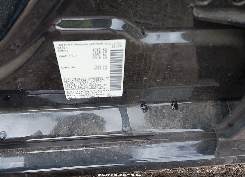 2021 NISSAN ALTIMA SR FWD VIN: 1N4BL4CV7MN340646