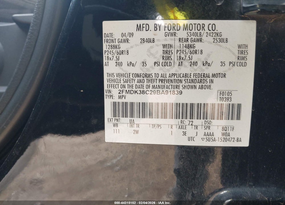 2009 FORD EDGE SEL VIN: 2FMDK38C29BA91839