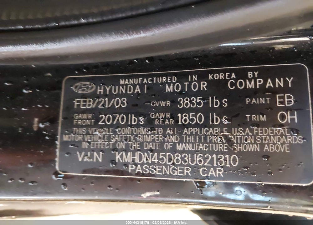 2003 HYUNDAI ELANTRA GLS/GT VIN: KMHDN45D83U621310