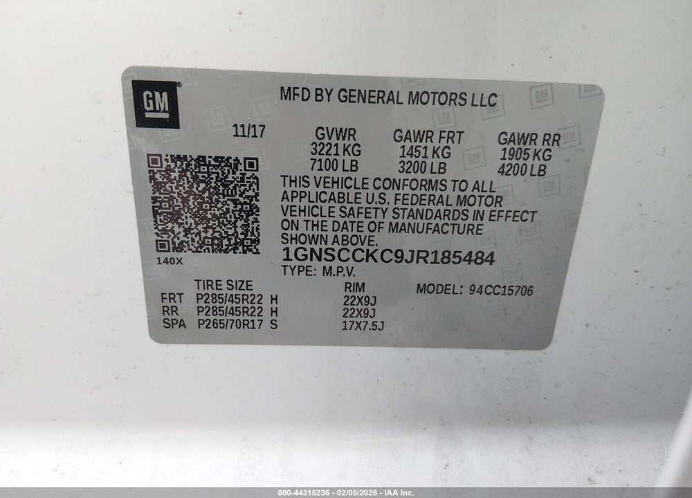 2018 CHEVROLET TAHOE PREMIER VIN: 1GNSCCKC9JR185484
