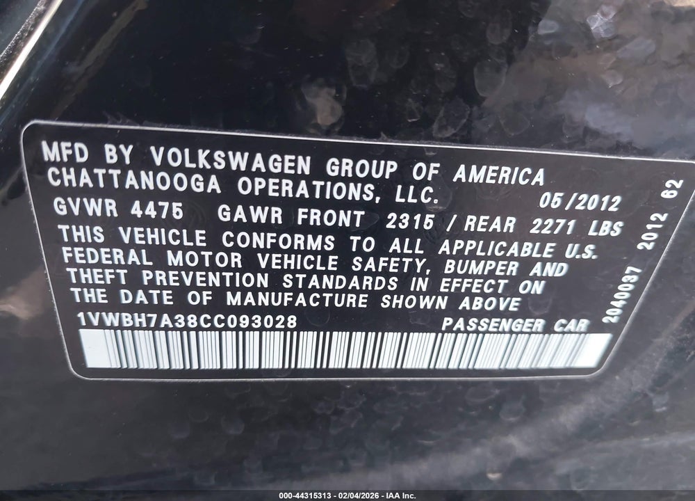 2012 VOLKSWAGEN PASSAT 2.5L SE VIN: 1VWBH7A38CC093028