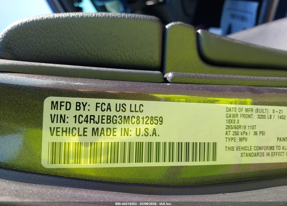 2021 JEEP GRAND CHEROKEE LIMITED 4X2 VIN: 1C4RJEBG3MC812859