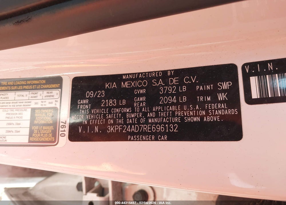 2024 KIA FORTE LXS VIN: 3KPF24AD7RE696132