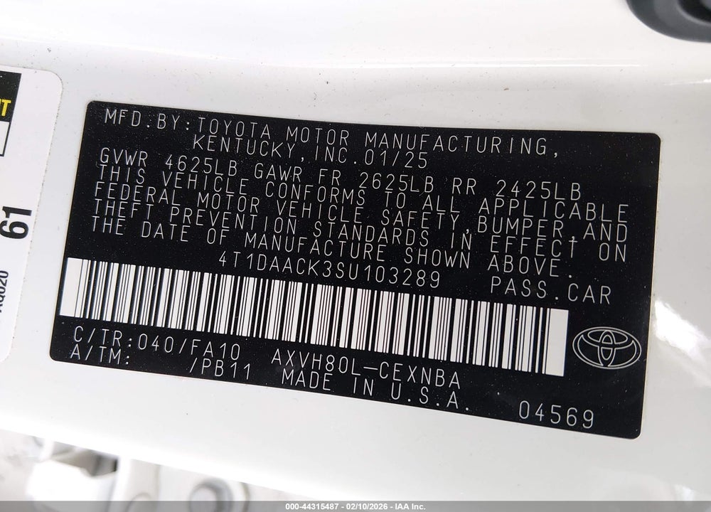 2025 TOYOTA CAMRY LE VIN: 4T1DAACK3SU103289