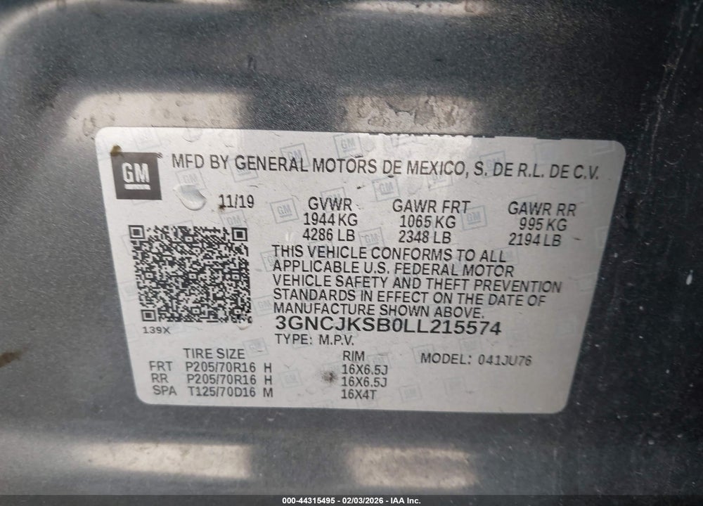 2020 CHEVROLET TRAX FWD LS VIN: 3GNCJKSB0LL215574
