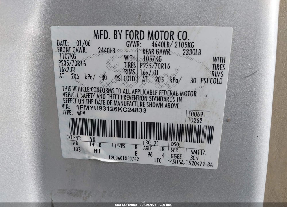2006 FORD ESCAPE XLT/XLT SPORT VIN: 1FMYU93126KC24833
