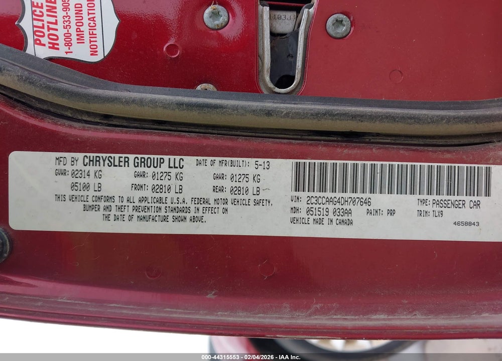 2013 CHRYSLER 300 MOTOWN VIN: 2C3CCAAG4DH707646