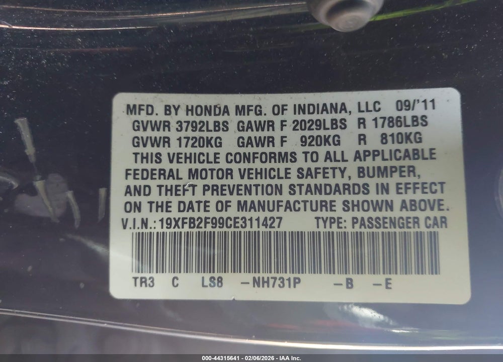 2012 HONDA CIVIC EX-L VIN: 19XFB2F99CE311427
