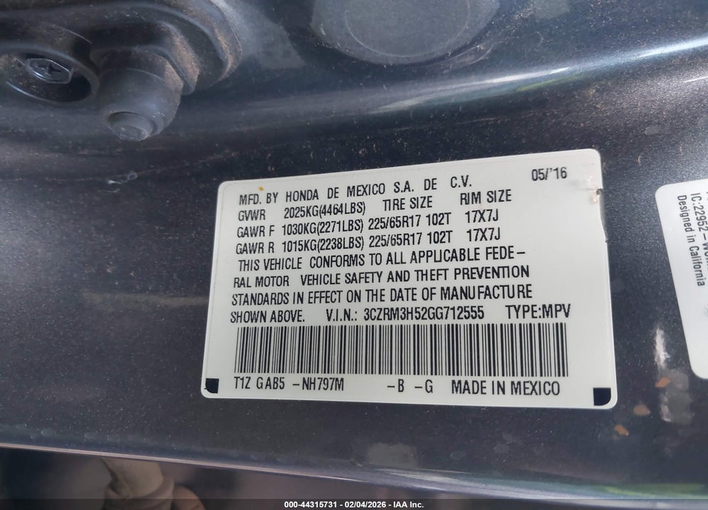 2016 HONDA CR-V EX VIN: 3CZRM3H52GG712555