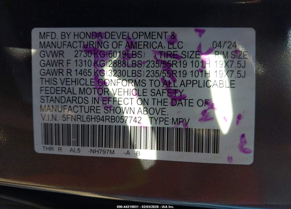 2024 HONDA ODYSSEY ELITE VIN: 5FNRL6H94RB057742